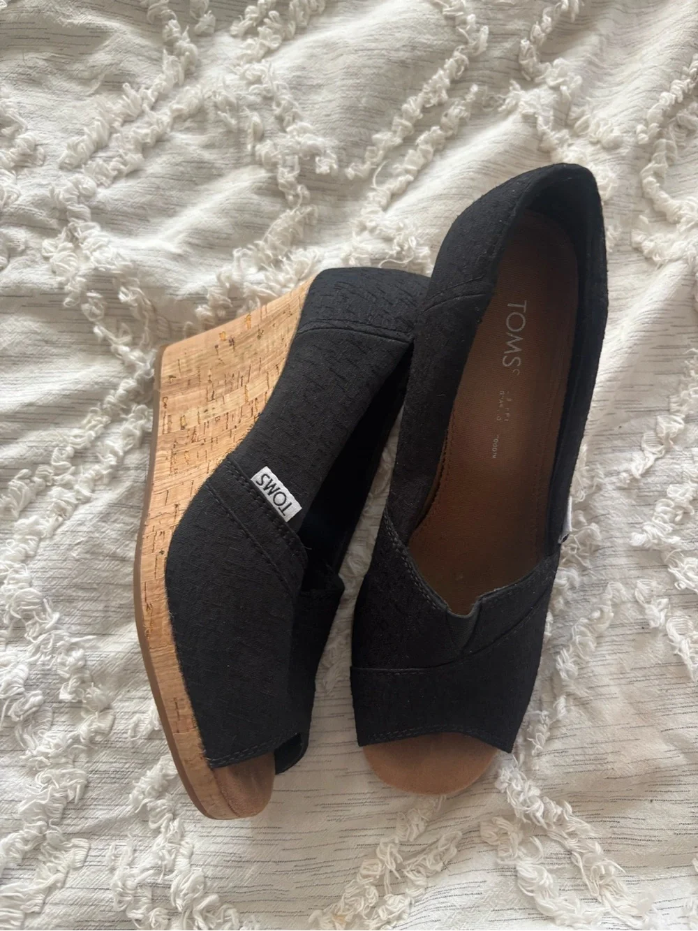TOMS size 6 Black Suede Peep-Toe Wedge Heels